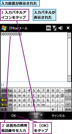 1 入力パネルアイコンをタップ,3 ［OK］をタップ,入力パネルが表示された,入力画面が表示された,２ 送信先の携帯電話番号を入力