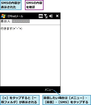 SMSの内容が表示された,SMSの内容を確認,返信したい場合は［メニュー］‐［返信］‐［SMS］をタップする,［×］をタップすると［一般フォルダ］が表示される