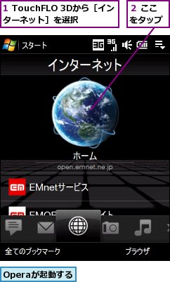 1 TouchFLO 3Dから［インターネット］を選択,Operaが起動する,２ ここをタップ