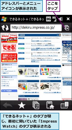 「できるネット＋」のタブが閉じ、最初に開いていた「Impress Watch」のタブが表示される,ここをタップ,アドレスバーとメニューアイコンが表示された
