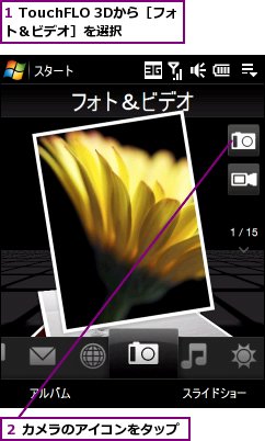 1 TouchFLO 3Dから［フォト＆ビデオ］を選択,２ カメラのアイコンをタップ