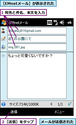 1 宛先と件名、本文を入力,メールが送信された,２［送信］をタップ,［EMnetメール］が表示された