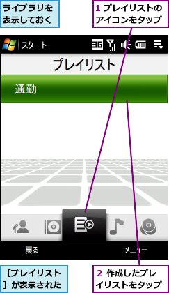 1 プレイリストのアイコンをタップ,ライブラリを表示しておく,２ 作成したプレイリストをタップ,［プレイリスト］が表示された