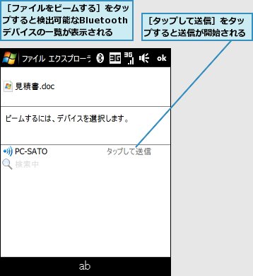 ［タップして送信］をタップすると送信が開始される,［ファイルをビームする］をタップすると検出可能なBluetoothデバイスの一覧が表示される