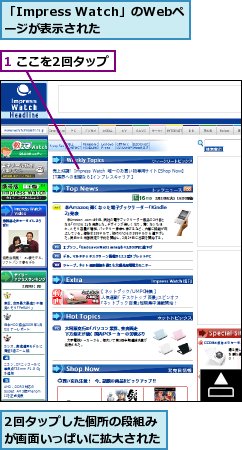 1 ここを2回タップ,2回タップした個所の段組みが画面いっぱいに拡大された,「Impress Watch」のWebページが表示された