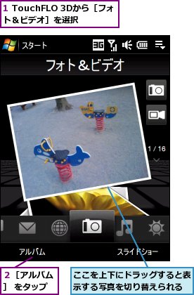 1 TouchFLO 3Dから［フォト＆ビデオ］を選択,ここを上下にドラッグすると表示する写真を切り替えられる,２［アルバム］ をタップ