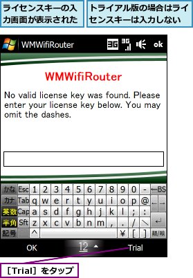 トライアル版の場合はライセンスキーは入力しない,ライセンスキーの入力画面が表示された,［Trial］をタップ
