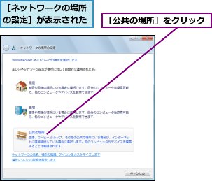 ［ネットワークの場所の設定］が表示された,［公共の場所］をクリック