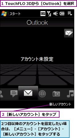 1 TouchFLO 3Dから［Outlook］を選択,2つ目以降のアカウントを設定したい場合は、［メニュー］-［アカウント］-［新しいアカウント］をタップする,２［新しいアカウント］をタップ