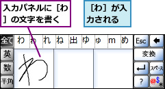 入力パネルに［わ］の文字を書く,［わ］が入力される