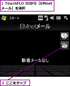 1 TouchFLO 3Dから［EMnetメール］を選択,２ ここをタップ