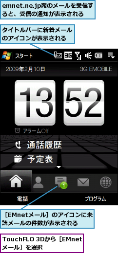 TouchFLO 3Dから［EMnetメール］を選択,emnet.ne.jp宛のメールを受信すると、受信の通知が表示される,タイトルバーに新着メールのアイコンが表示される,［EMnetメール］のアイコンに未読メールの件数が表示される