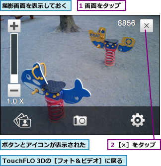 1 画面をタップ,TouchFLO 3Dの［フォト＆ビデオ］に戻る,ボタンとアイコンが表示された,撮影画面を表示しておく,２［×］をタップ