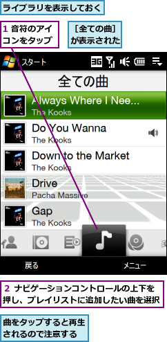 1 音符のアイコンをタップ,ライブラリを表示しておく,曲をタップすると再生されるので注意する,２ ナビゲーションコントロールの上下を押し、プレイリストに追加したい曲を選択,［全ての曲］ が表示された