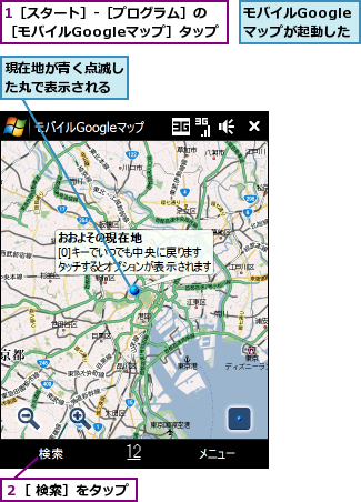 1［スタート］-［プログラム］の［モバイルGoogleマップ］タップ,モバイルGoogleマップが起動した,現在地が青く点滅した丸で表示される,２［ 検索］をタップ