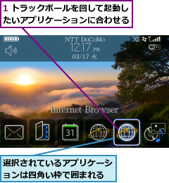 1 トラックボールを回して起動したいアプリケーションに合わせる,選択されているアプリケーションは四角い枠で囲まれる