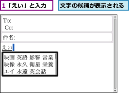 1「えい」と入力,文字の候補が表示される