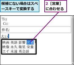 2［営業］に合わせる,候補にない場合はスペースキーで変換する