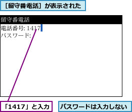 「1417」と入力,パスワードは入力しない,［留守番電話］が表示された