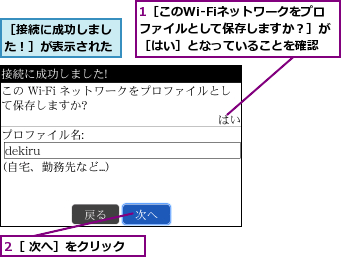 1［このWi-Fiネットワークをプロファイルとして保存しますか？］が［はい］となっていることを確認,2［ 次へ］をクリック,［接続に成功しました！］が表示された