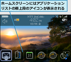 ホームスクリーンにはアプリケーションリストの最上段のアイコンが表示される