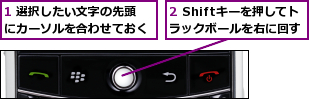 1 選択したい文字の先頭にカーソルを合わせておく,2 Shiftキーを押してトラックボールを右に回す