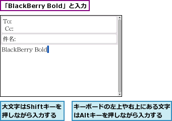「BlackBerry Bold」と入力,キーボードの左上や右上にある文字はAltキーを押しながら入力する,大文字はShiftキーを押しながら入力する