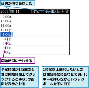 1時間以上選択したいときは開始時間に合わせてShiftキーを押しながらトラックボールを下に回す,予定時間が1時間のときは開始時間上でクリックすると手順5の画面が表示される,日付が切り替わった,開始時間に合わせる