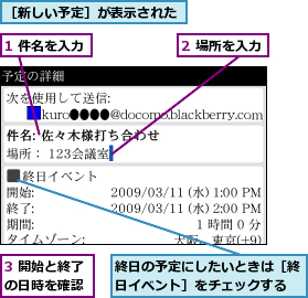 1 件名を入力,2 場所を入力,3 開始と終了の日時を確認,終日の予定にしたいときは［終日イベント］をチェックする,［新しい予定］が表示された