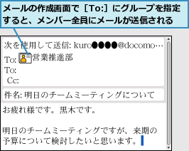 メールの作成画面で［To:］にグループを指定すると、メンバー全員にメールが送信される