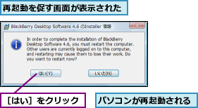パソコンが再起動される,再起動を促す画面が表示された,［はい］をクリック