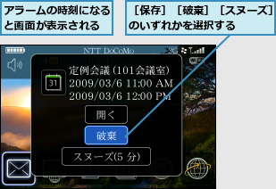 アラームの時刻になると画面が表示される,［保存］［破棄］［スヌーズ］のいずれかを選択する   