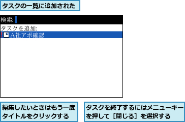 タスクの一覧に追加された,タスクを終了するにはメニューキーを押して［閉じる］を選択する ,編集したいときはもう一度タイトルをクリックする