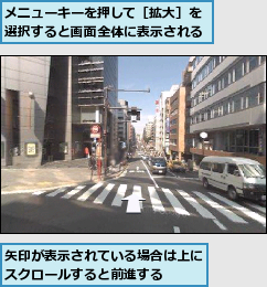 メニューキーを押して［拡大］を選択すると画面全体に表示される,矢印が表示されている場合は上にスクロールすると前進する  