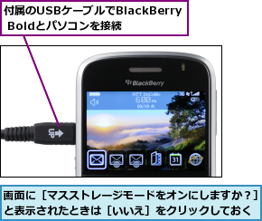 付属のUSBケーブルでBlackBerry Boldとパソコンを接続,画面に［マスストレージモードをオンにしますか？］と表示されたときは［いいえ］をクリックしておく