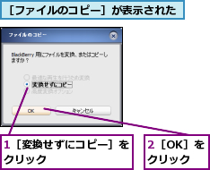 1［変換せずにコピー］をクリック       ,2［OK］をクリック,［ファイルのコピー］が表示された