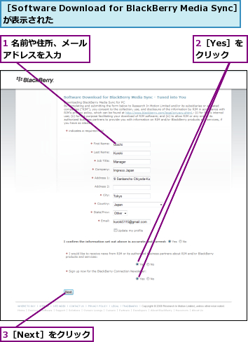 1 名前や住所、メールアドレスを入力   ,2［Yes］をクリック,3［Next］をクリック,［Software Download for BlackBerry Media Sync］が表示された            
