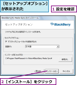 1 設定を確認,2［インストール］をクリック,［セットアップオプション］が表示された      