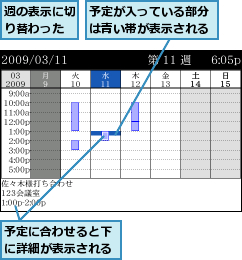 予定が入っている部分は青い帯が表示される,予定に合わせると下に詳細が表示される,週の表示に切り替わった