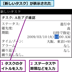 1 タスクのタイトルを入力,2 ステータスや期限などを入力,［新しいタスク］が表示された