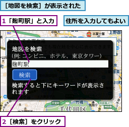 1「麹町駅」と入力,2［検索］をクリック,住所を入力してもよい,［地図を検索］が表示された