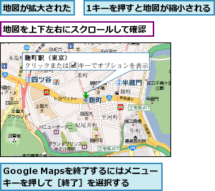 1キーを押すと地図が縮小される,Google Mapsを終了するにはメニューキーを押して［終了］を選択する,地図が拡大された,地図を上下左右にスクロールして確認