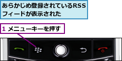 1 メニューキーを押す,あらかじめ登録されているRSSフィードが表示された
