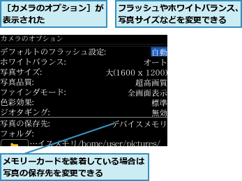 フラッシュやホワイトバランス、写真サイズなどを変更できる,メモリーカードを装着している場合は写真の保存先を変更できる    ,［カメラのオプション］が表示された      