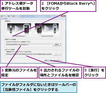 1 アドレス帳データ移行ツールを起動  ,2 ［FOMAからBlack Berryへ］をクリック      ,3 変換元のファイルを指定        ,4 出力されるファイルの場所とファイル名を確認,5［実行］をクリック  ,ファイルがフォルダにないときはツールバーの［互換性ファイル］をクリックする    