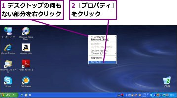 1 デスクトップの何もない部分を右クリック,2［プロパティ］をクリック　　