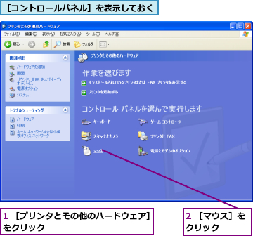 1 ［プリンタとその他のハードウェア］をクリック              ,2 ［マウス］をクリック    ,［コントロールパネル］を表示しておく