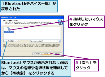 4 接続したいマウスをクリック    ,5［次へ］をクリック  ,Bluetoothマウスが表示されな い場合は、マウスの電源や電波状態を確認してから［再検索］ をクリックする,［Bluetoothデバイス一覧］が表示された    