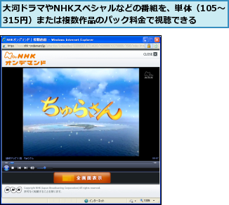 大河ドラマやNHKスペシャルなどの番組を、単体（105〜315円）または複数作品のパック料金で視聴できる