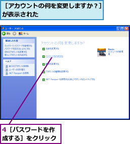 4［パスワードを作成する］をクリック,［アカウントの何を変更しますか？］が表示された          